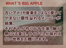 what's BIG APPLE
「古いアメリカ音楽をこよなく愛して
やまない個性溢れるメンバーが
結集。
それぞれが作り出す生音、胸が
熱くなる音圧。ライブでしか味わえ
ない世界をお贈りします。」